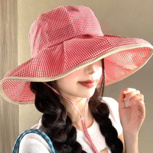BAOYINFEI | Large Brim Breathable Sun Protection Visor Hat for Women Red Grid