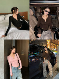 Áo Thun Nữ Cổ Chữ V Dài Tay Dáng Ôm Mùa Thu Mới Về Nút Áo Dài Tay Áo Sơ Mi Cơ Bản Thời Trang Thường Ngày