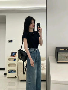 Black Pure Cotton Short-Sleeve T-shirt for Women New Summer 2024 Style K-style Fairy Wanshi Brand Pure Color Pattern