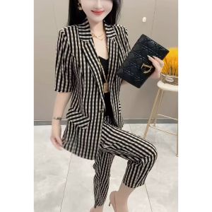 Bộ Đồ Hai Mảnh Thời Trang Mùa Hè 2025 Dành Cho Nữ Quần Dài Kẻ Caro Áo Sơ Mi Tay Ngắn Quần Bó Bộ Đồ Công Sở Thường Ngày
