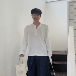 Loose Fit Long Sleeve Henry Collar Stripe T-Shirt Mens Summer Casual Korean Style Premium Feel Waffle Pattern 200 Pounds