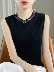 Elegant Diamond Embedded Woolen Women's Spring New Style Suit Inner round Neck Black Vest Sleeveless Sweater Base Shirt