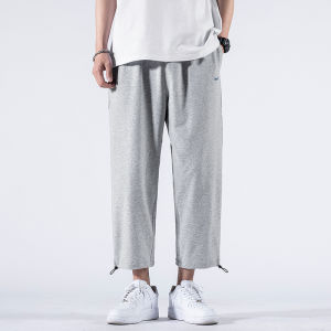 Loose Knitted Straight Leg Sporty Thin Summer Trousers for Men Drawstring Cuffed Grey Sweatpants Casual Youth Fashion