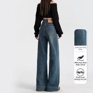 Jeanswest | Quần Jeans Nữ Vintage Xanh Cạp Cao Ống Loãng Rộng Drapey Mùa Xuân Thu