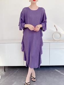 L-1003F# One Size (45-75kg) Spring And Summer Dress WomenS Pleated Loose Plus Size Lace Mid-Length KK Pleated