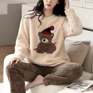Thickened Warm Large Size Padded Fall and Winter Womens Pajamas Top and Pants Set Coral Velvet Ladies Cartoon Bear 2PCS/Set