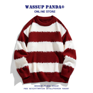 Wassup Panda Vintage Striped round Neck Knitwear Mens Autumn Winter Style Lazy Inner Wear Couple Base Layer Sweater