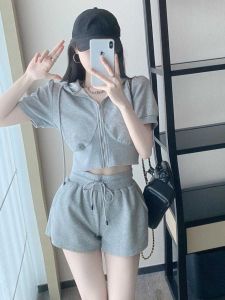 Summer 2025 Womens Casual Sportswear Set Loose Fashion Short Coat Student Short Sleeve Shorts Two-Piece Set Polyester Fiber