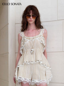 Cello Sonata | Sleeveless Loose Stripe Lace Ruffle Blouse