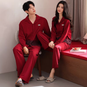 Miiow | Couples Pure Cotton Pajamas Red Wedding Gift Set Home Clothes Long Sleeve Sweat Absorbent Print Design Casual Comfortable Fit