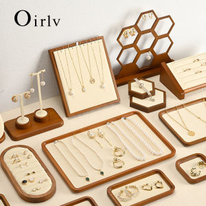Orilv Wooden Jewelry Stand Necklace Display Prop Beige Jewelry Organizer Ring Earring Pendant Rack Bracelet Jewelry Display Prop