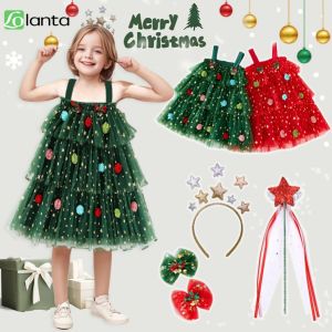 LOlanta Christmas Kids Girls Strap Mesh fluffy Princess Dress Sleeveless Cake Dress Red Green Tree Birthday Costume Daily Wear