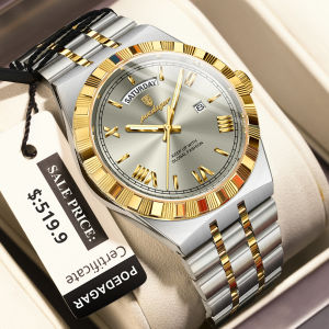 POEDAGAR Luxury Business Man Watch Week Date Waterproof Luminous Watches For Men Stainless Steel Quartz Mens Fashion Wristwatch