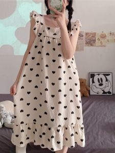 Japanese Style Small Heart Slip Nightdress Young Adult Summer New Arrival Sweet Princess Style Woven Bubble Cotton Dress Pajamas