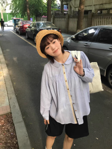 หวาน เสื้อเชิ้ตแขนยาวสไตล์วิทยาลัย ผู้หญิง Early ฤดูใบไม้ร่วง หลวม ตุ๊กตาจับคู่ ปกเสื้อ เสื้อท่อนบน มี พลีท ดีไซน์ ผ้าฝ้าย 100%