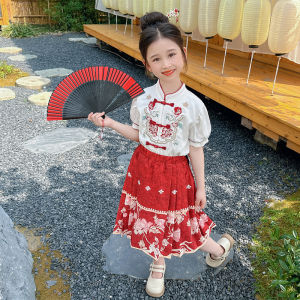 New Summer Childrens Hanfu Performance Costume Set for Baby Girls Horse Tailed Skirt Traditional Chinese Style Kids Outfit