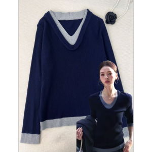 HUOLISI | Color-block Faux Two-piece Knitwear V-neck Top