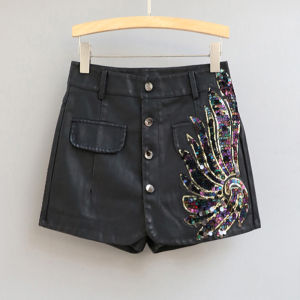 Shiny Sequin High Waist PU Leather Mini Skirt Pants Womens A-Line Half Skirt Fake Two-Piece Loose Wide Leg Boot Pants Trendy