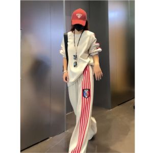 Korean Style Autumn New Striped Sports Casual Top High Waist Draped Wide Leg Sweatpants Two Piece Set Women Fashion Ensemble