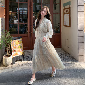 French Romantic Floral Print Dress Womens Early Autumn New Style Elegant Gentle Waist-Cinching Slimming Tea Break Long Dress