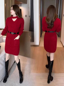 New Year Red Bright Silk Woolen Skirt Dress Mid Length Long Length Winter New Arrival Younger Cinched Inner Wear Base Knitted Dress Tide