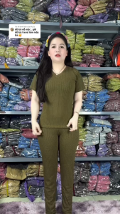 Đồ Bộ Cổ Tim Tay Ngắn Quần Baggy chất liệu gân đũa lạnh đồ bộ nữ mặc nhà đồ bộ ủ kem