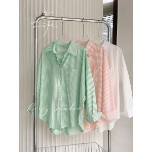 Green Striped Long Sleeve Shirt Female Casual