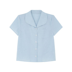 Large Collar Fine Check Loose Short Sleeve Shirt Blue Casual 1PC