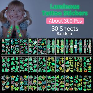 30pcs Childrens Luminous Tattoo Stickers Kids Glow Body Paster Unicorn Butterfly Animal Dinosaur Mermaid Cartoon Stickers Gift