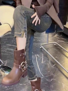 กางเกงยีนส์ทรงตรงเอวสูงสำหรับผู้หญิงไซส์ใหญ่ ทรงสลิม เอวยางยืด ทรงขากระบอกเล็ก กางเกงขายาวทรงลำลอง