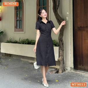 Đầm thiết kế cổ sơ mi phối nút bọc tay ngắn BEMINE MT9033