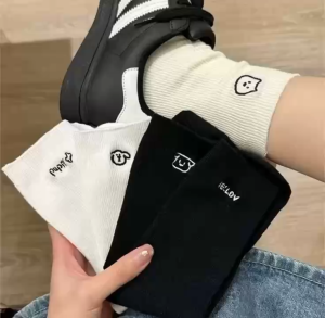 White embroidered socks womens tube socks ins trendy pure cotton thin style Japanese cute cartoon