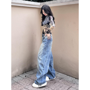 Quần Jeans Nữ Ống Rộng Dài Đến Sàn Kiểu Dáng Thẳng Cạp Cao Quần Dài Thường Ngày Màu Xanh Denim Có Nút