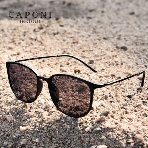 CAPONI Oval Mens Sunglasses Photochromic Polarized Sun Glasses For Men Protect UV Ray Super Light Driving Black Glasses BS520