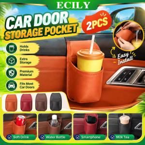 ECILY 1/2pcs Car Door Cup Holder Multifunctional Adhesive Storage Pocket Nappa Leather Universal Fit Multi Color