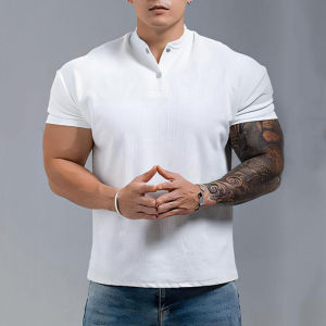 2025 Summer Simple Solid-color Chinese Polo Henry Collar Sporty Casual Breathable And Fitness Short-sleeved T-shirt With Cuffs