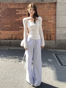 Quần Ống Rộng Kẻ Sọc Xanh Dài Thường Ngày Cho Nữ Mùa Hè 2025 Quần Dài Thoải Mái Mỏng Rộng Rãi Cạp Cao Quần Đi Bộ