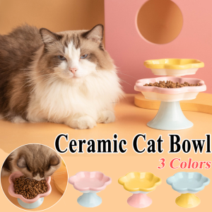 Ceramic Cat Bowl with Stand Anti-dump Flower Style High Legged Pet Fooder and Water Bowl