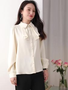 AMMIN 2025 Spring New Fashion Rhinestone Lapel Ribbon Design Commuter Chiffon Blouse for Women Korean Style Exquisite Pearl Button Single Breasted Elegant Blouse