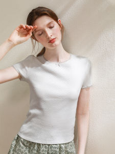 XEXZ | Pure Cotton Lace Knitted Short Sleeve T-Shirt French Style Sweet Solid Color Casual Versatile Simple Inner Wear Summer Butterfly Knot