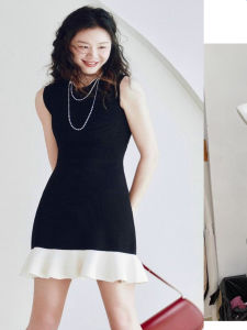 Black Lace Trim Knitted Vest Dress Womens Summer Small Size French Style Waist Cinched Skirt Sleeveless Holiday Style Polyester Fiber
