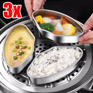แผ่นที่นึ่งสเตนเลสรูปพัดลมแบ่งอาหารครัวเรือนชามนึ่ง3ชิ้นชามเรือกลไฟอุปกรณ์ครัว