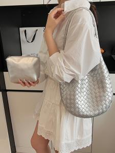 Elegant Woven Bucket Bag Womens Shoulder Bag Versatile Summer Handbag Soft PU Leather Magnetic Buckle Closure Casual Commute