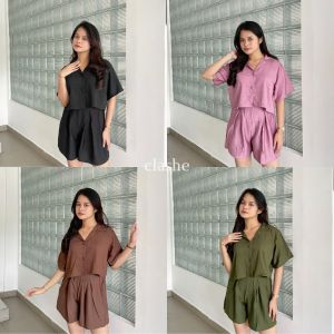 Setelan Wanita Atasan Kemeja Lengan Pendek & Celana Pendek Linen Korean Style Kekinian Terbaru Ootd Zia Set by Clashe