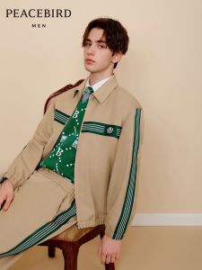 Peacebird Mens Casual Striped Jacket Autumn New Style Fashionable Loose Fit Long Sleeve Zipper Closure Polyester Blend Coat