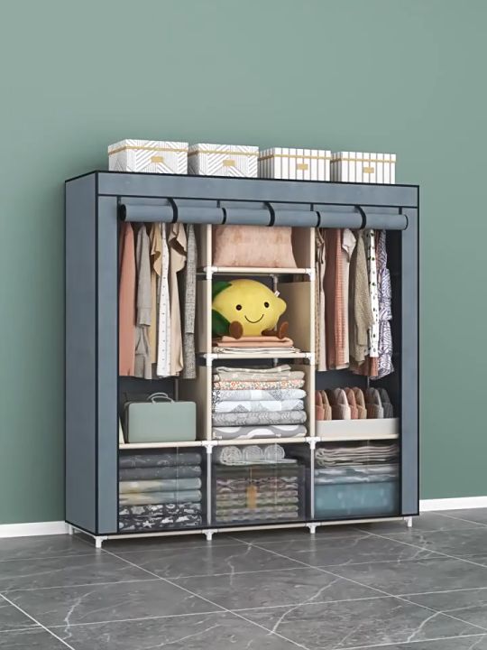 Zip Almari Baju Kain Besar Cabinet T-shape Large Capacity Zipped Wardrobe Clothes Organization Storage Rack Cabinet Clothes Rack Bedroom Cupboard