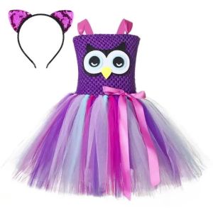 Purple Cartoon Owl Themed Dress for Girls & Toddlers Soft Fluffy Tulle Ballet Tutu Skirt Kids Outfit for Halloween & Stage