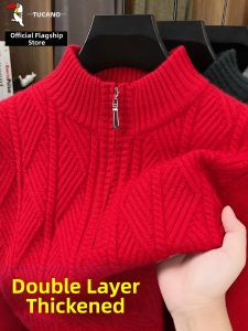 TUCANO | Red Middle-aged Dad Style Semi-high Neck Zipper Knitwear