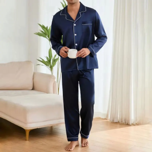 Mens Satin Pajama Set Linter Lapel Collar Long Sleeve Tops & Pants Sleepwear Button Down Loungewear Autumn Pyjama For Man
