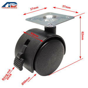 Bánh Xe Nhựa Có Khóa Đế Vuông Bánh Xe Nhựa Phi 50mm Có khóa